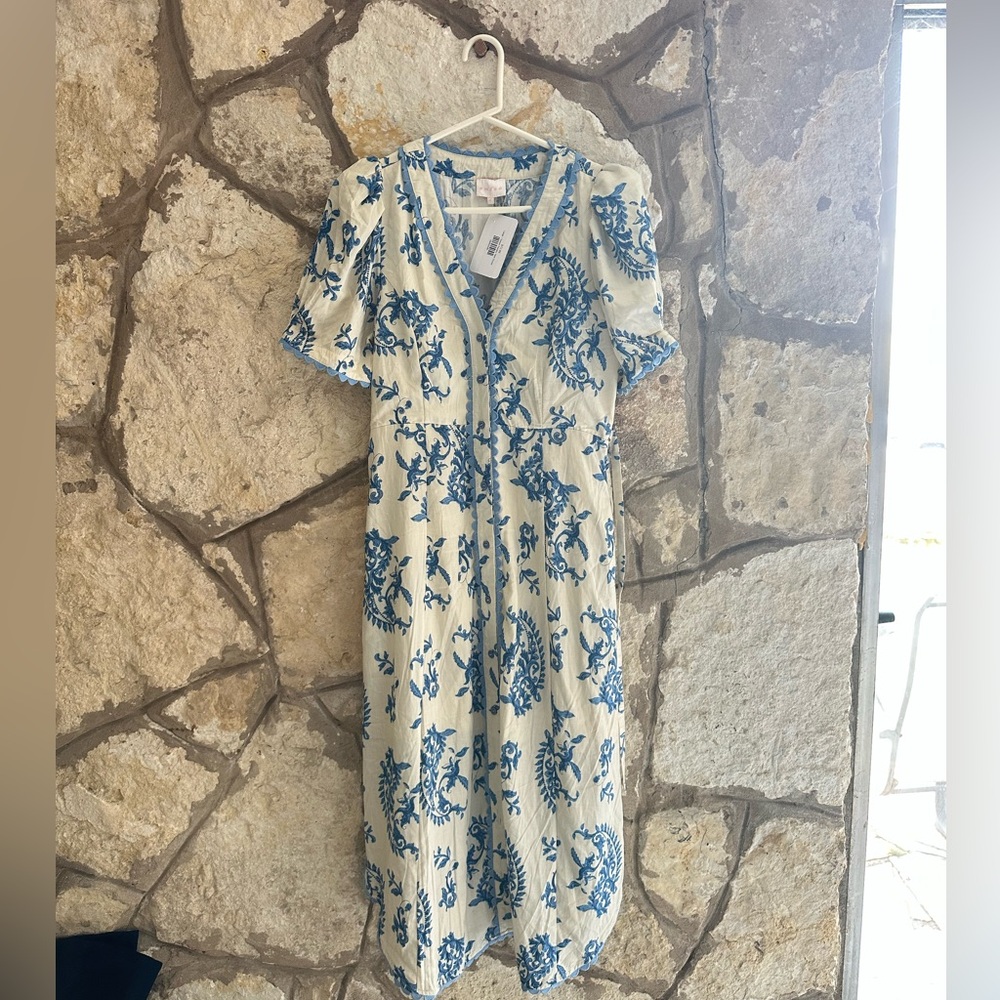 Blue & Cream V-Neck Floral Midi Dress - Picture 7 of 7